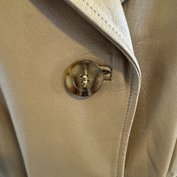 Vintage Chic Peruzzi Italy Caramel Brown Leather Tie Trench Coat Sz Lg - Picture 9 of 13